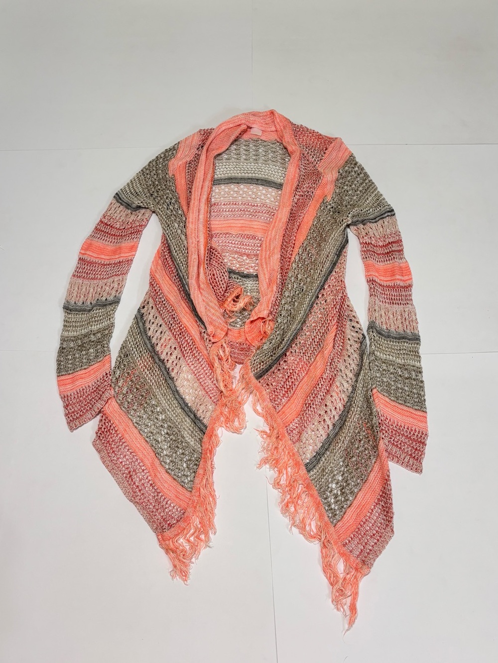 Maurices Women’s Striped Open-Front Fringe Cardigan Sweater - Coral & Tan